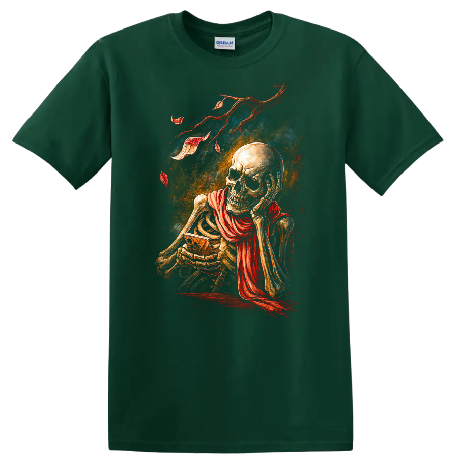 Vintage gothic skeleton skull illustration with flowing red scarf and distressed ribbons on a Forest Green T Shirt