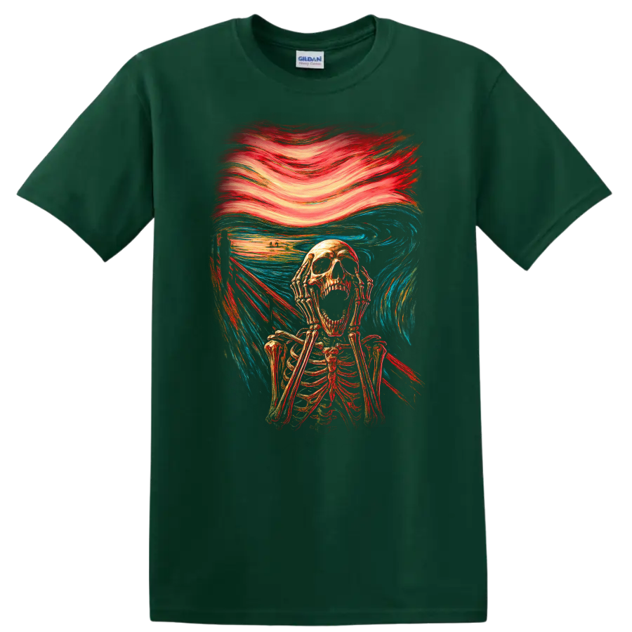 Screaming skeleton in vintage gothic horror art with swirling red and blue brushwork on a Forest Green T Shirt