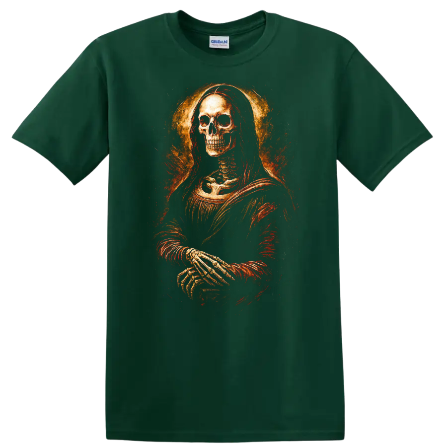 Vintage gothic skeleton portrait with crossed hands and fiery distressed halo on a Forest Green T Shirt