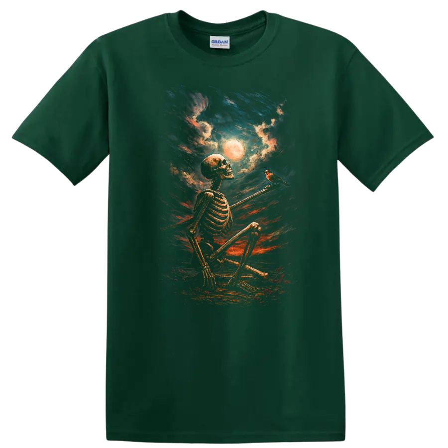 Vintage gothic painting of seated skeleton, bird, full moon, and dramatic night sky on a Forest Green T Shirt