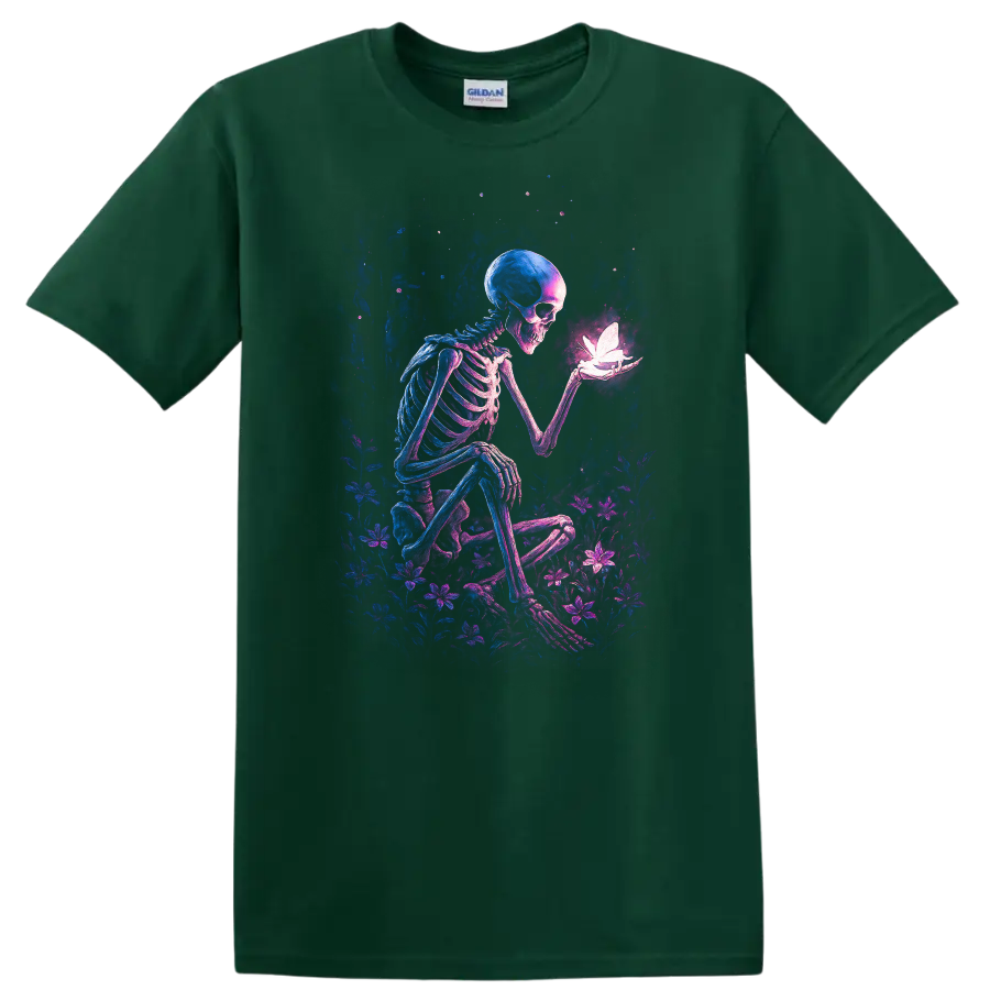 Gothic skeleton holding a glowing butterfly amid neon wildflowers on a Forest Green T Shirt
