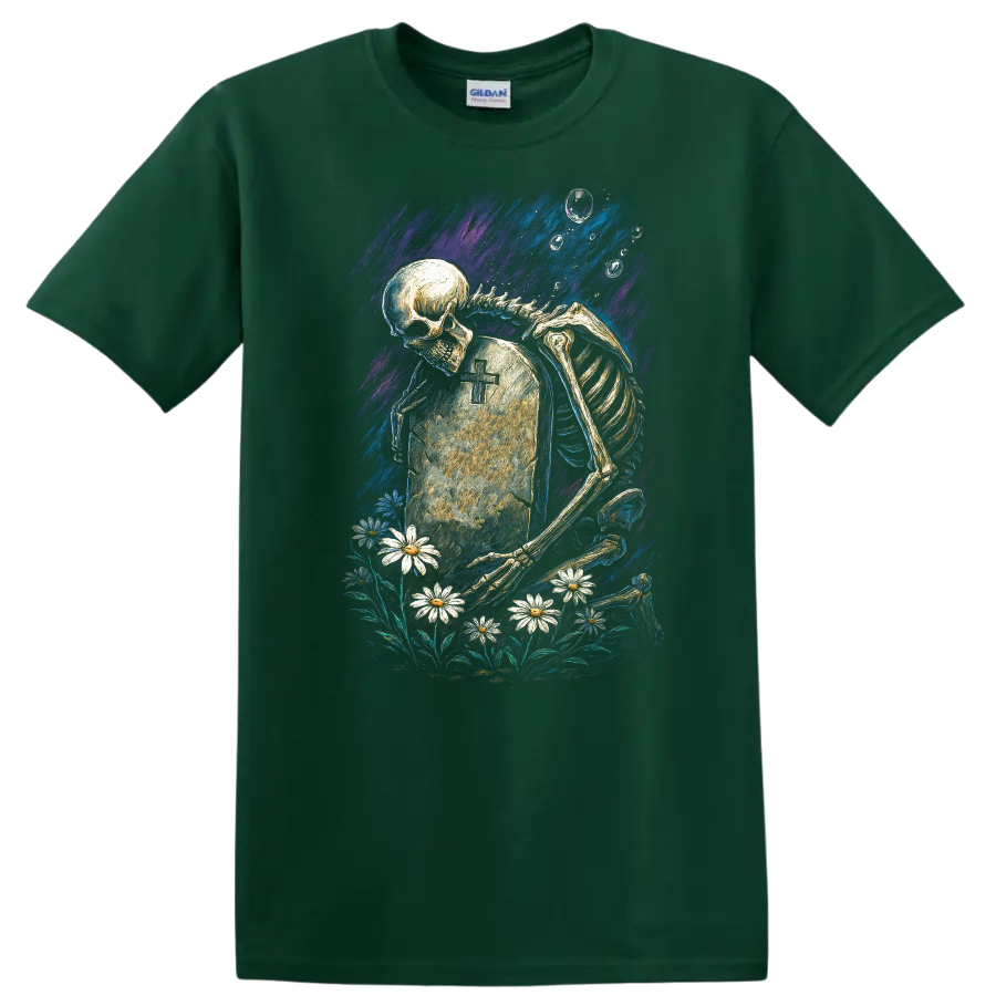 Skeleton mourning beside a cross tombstone and daisies in vintage gothic artwork on a Forest Green T Shirt