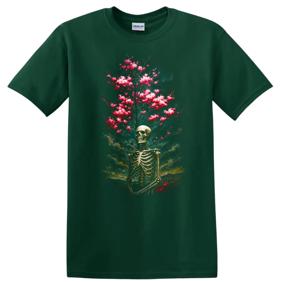 Vintage gothic skeleton skull with pink blooming branches and smoky teal backdrop on a Forest Green T Shirt