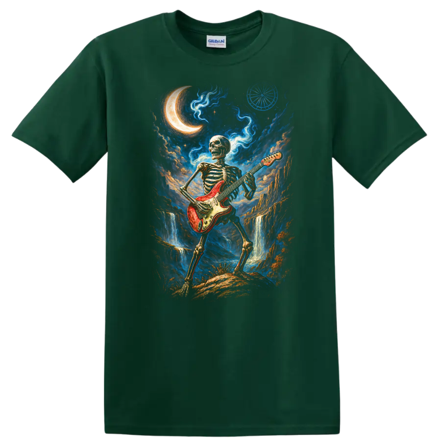 Skeleton guitarist with red electric guitar in moonlit gothic fantasy art on a Forest Green T Shirt