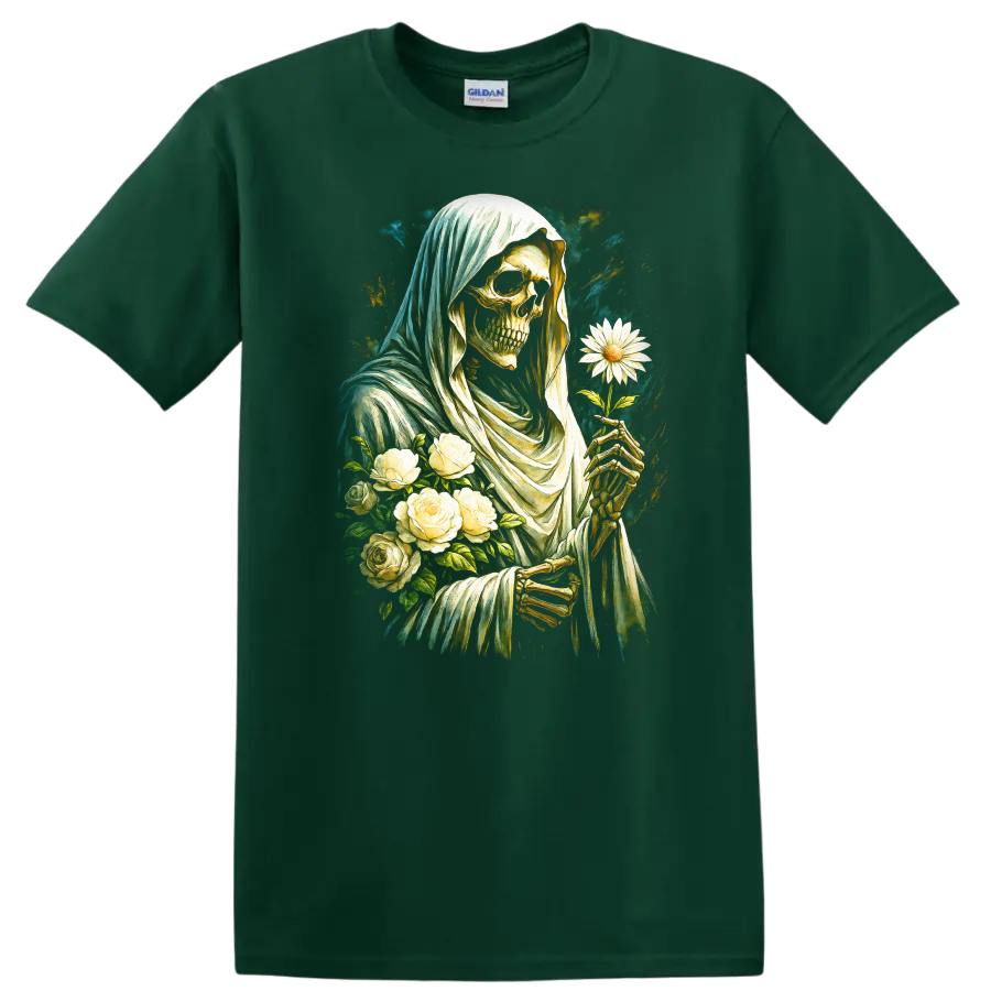 Vintage gothic hooded skeleton holding a white daisy with roses on a Forest Green T Shirt