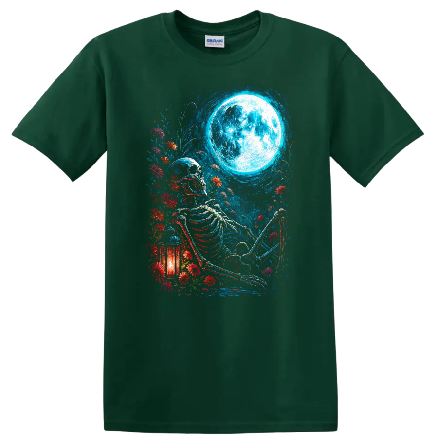 Vintage gothic skeleton resting among wildflowers beneath a full moon with lantern on a Forest Green T Shirt