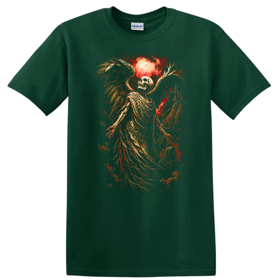 Vintage winged skeleton skull beneath a glowing moon in distressed gothic art on a Forest Green T Shirt