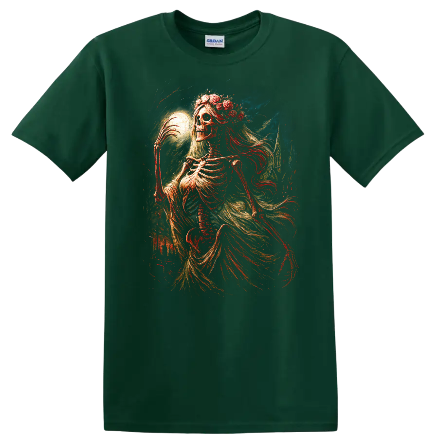 Moonlit floral skeleton in ornate vintage gothic art with flowing drapery on a Forest Green T Shirt