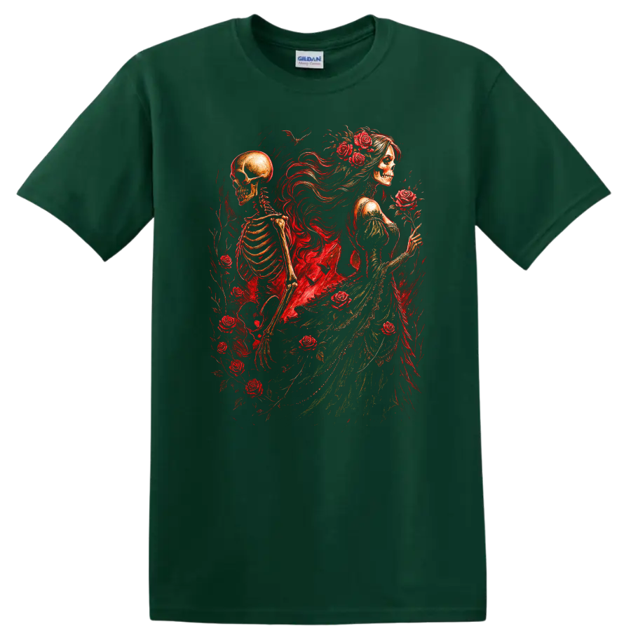 Vintage gothic skeletal woman and skeleton surrounded by red roses on a Forest Green T Shirt