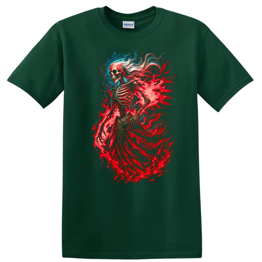 Flaming skeleton spirit with red spectral energy in detailed gothic fantasy art on a Forest Green T Shirt