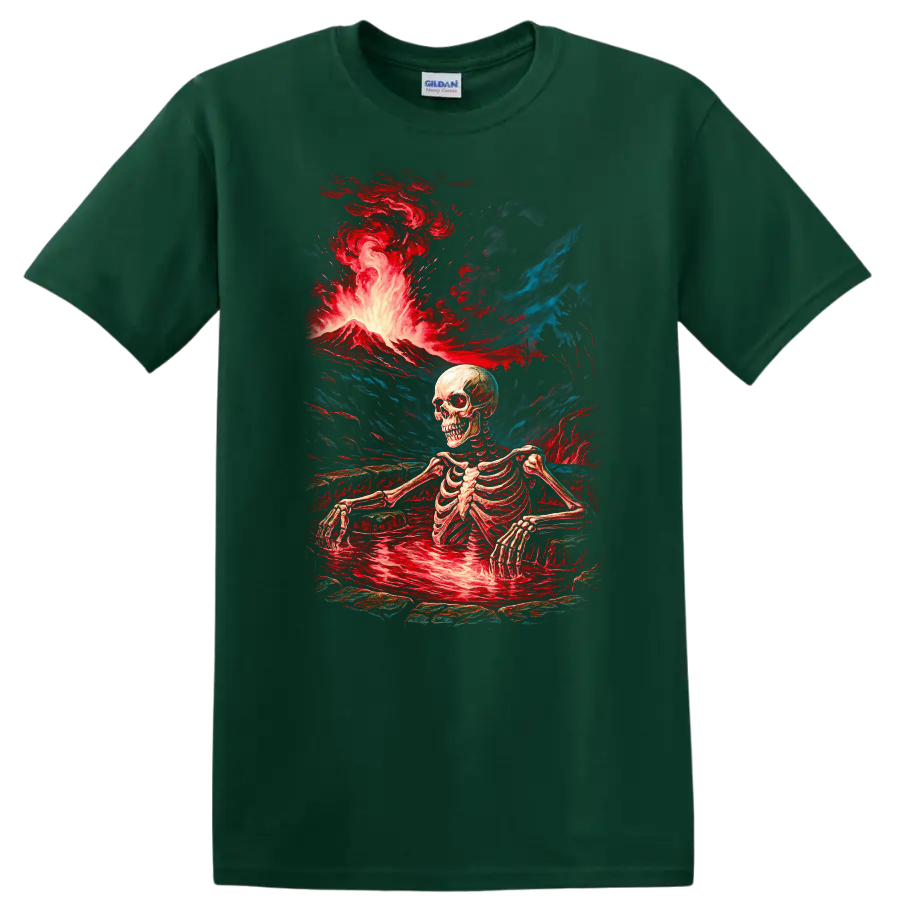 Vintage gothic skeleton standing in a lava pool beneath an erupting volcano on a Forest Green T Shirt