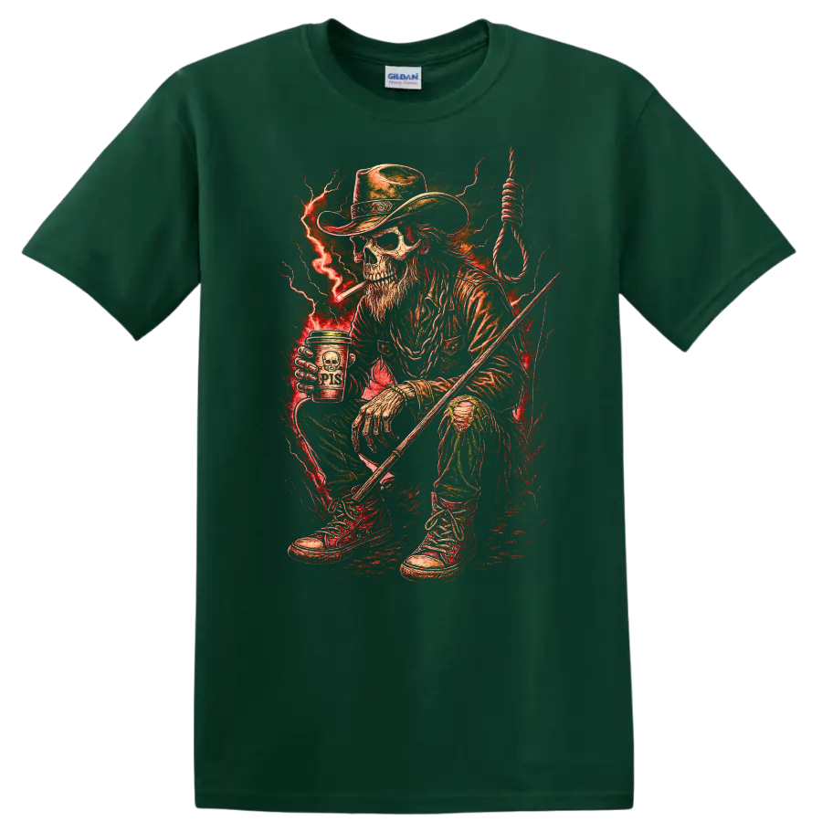 Vintage Gothic skeleton cowboy with red lightning, noose, boots, and rugged Western art on a Forest Green T Shirt