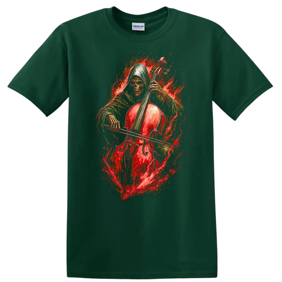 Hooded skeleton cellist with a red cello surrounded by fiery gothic artwork on a Forest Green T Shirt
