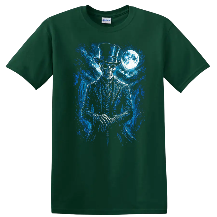Moonlit gothic skeleton in top hat with blue spectral art and full moon on a Forest Green T Shirt