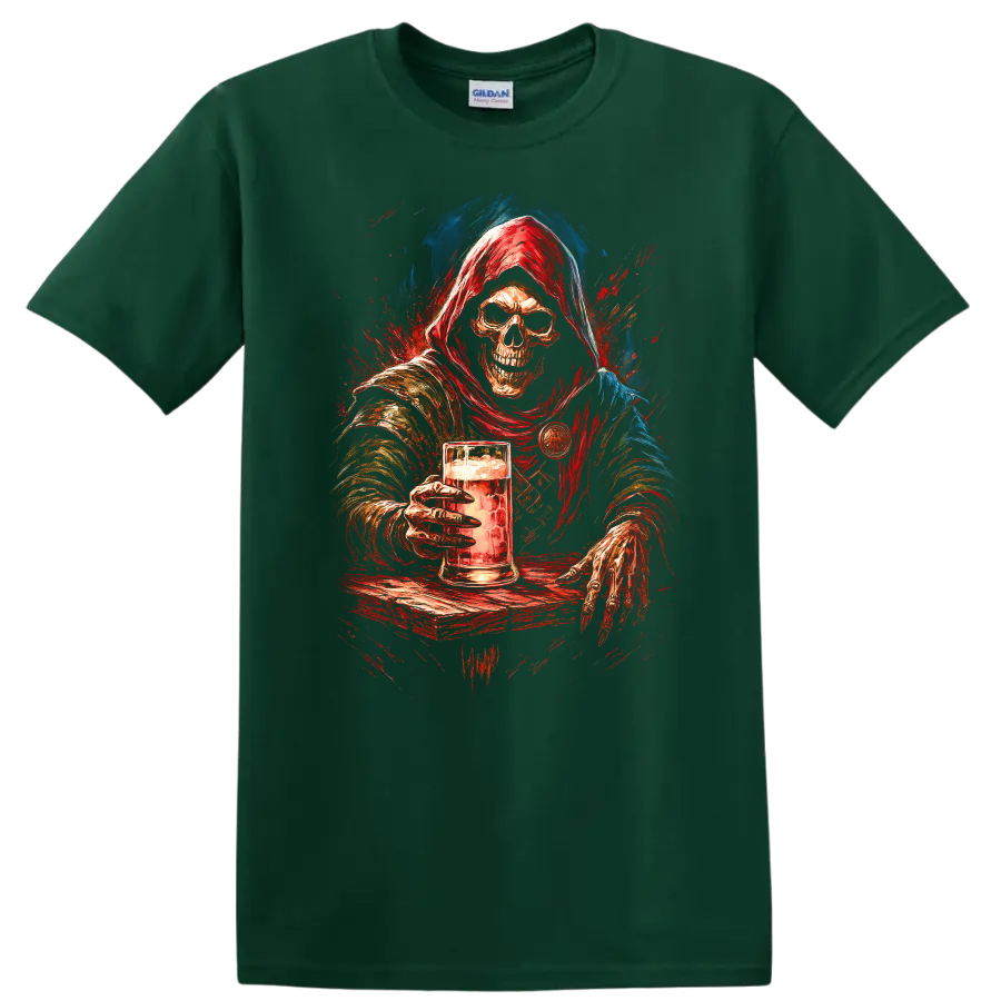 Hooded skeleton holding a beer mug in distressed red and blue gothic art on a Forest Green T Shirt