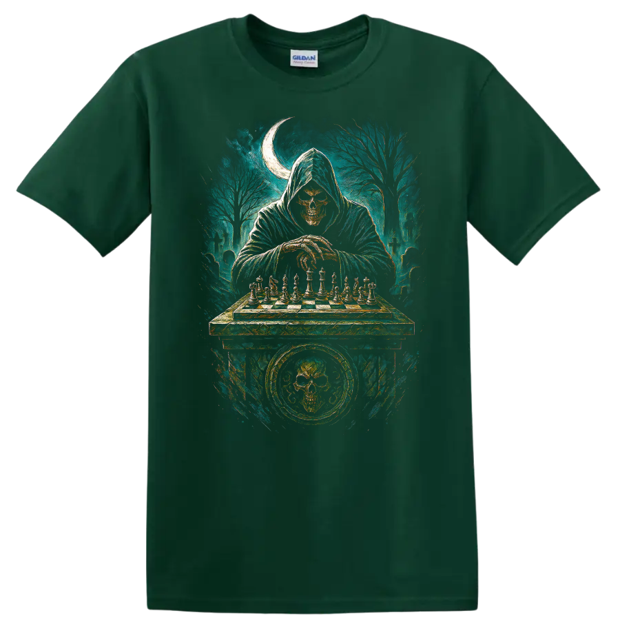 Hooded skull playing chess in a moonlit graveyard gothic illustration on a Forest Green T Shirt