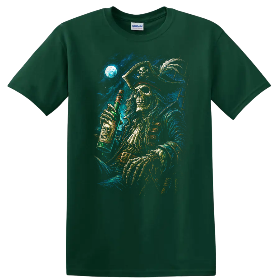 Moonlit skeletal pirate holding a rum bottle in detailed vintage gothic sea art on a Forest Green T Shirt