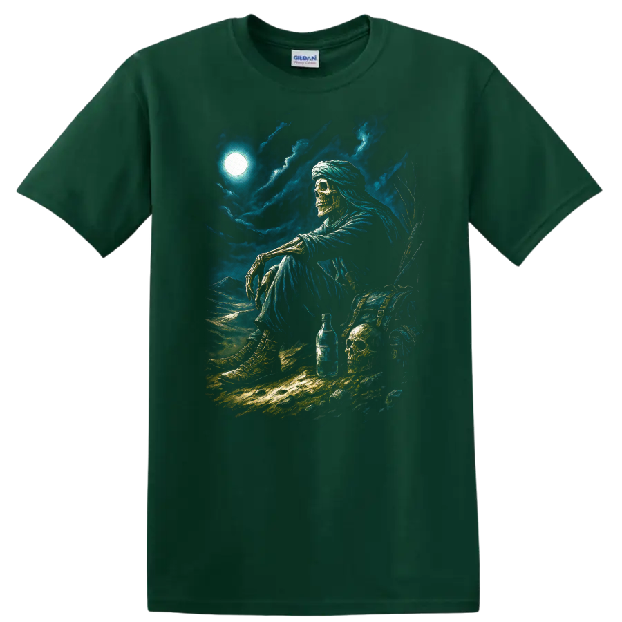 Moonlit skeleton wanderer with skulls, chest, and stormy gothic nightscape on a Forest Green T Shirt