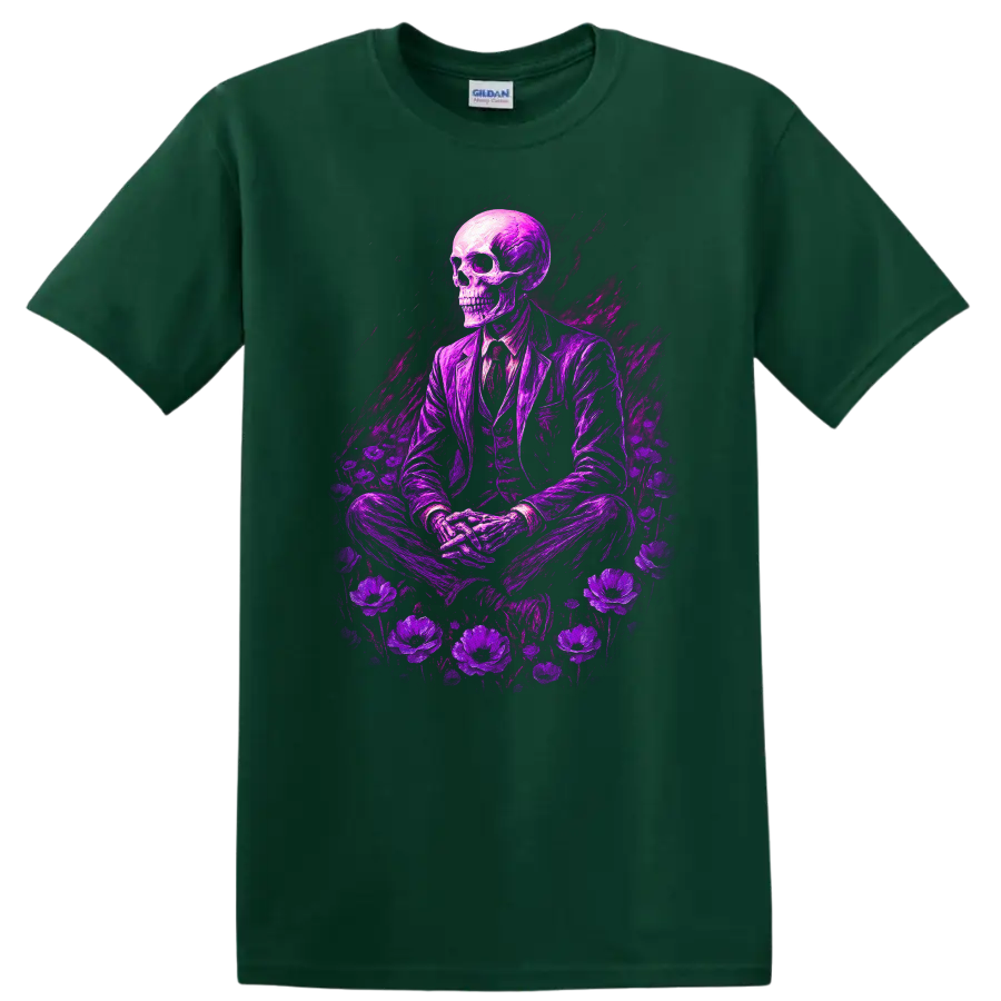 Purple skeleton in suit surrounded by flowers in vintage gothic illustration on a Forest Green T Shirt