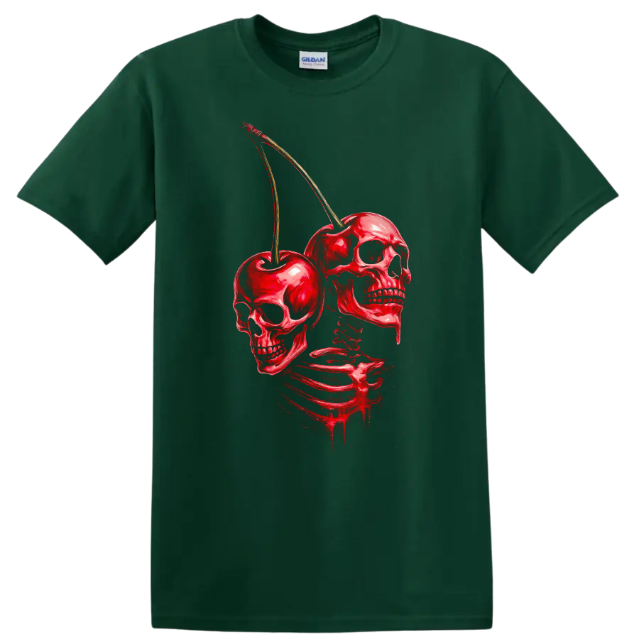 Red skeleton with skulls and cherries in a distressed vintage gothic illustration on a Forest Green T Shirt