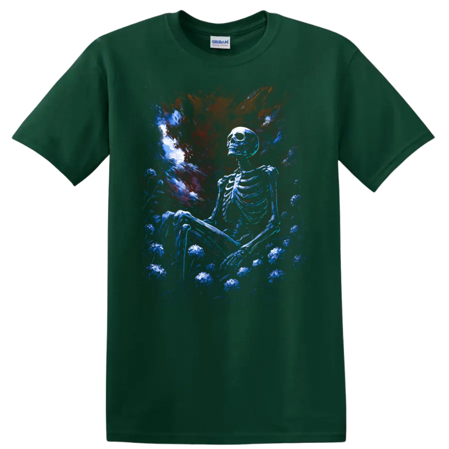 Blue skeleton seated in a dark floral garden beneath a dramatic gothic painted sky on a Forest Green T Shirt