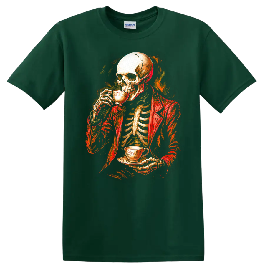 Vintage gothic skeleton in a red jacket drinking tea with a fiery dark backdrop on a Forest Green T Shirt