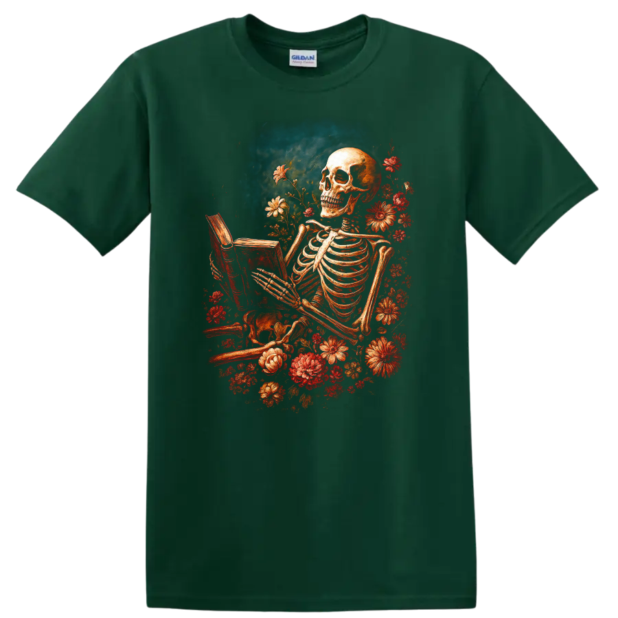 Vintage gothic skeleton reading a book surrounded by red flowers on a Forest Green T Shirt