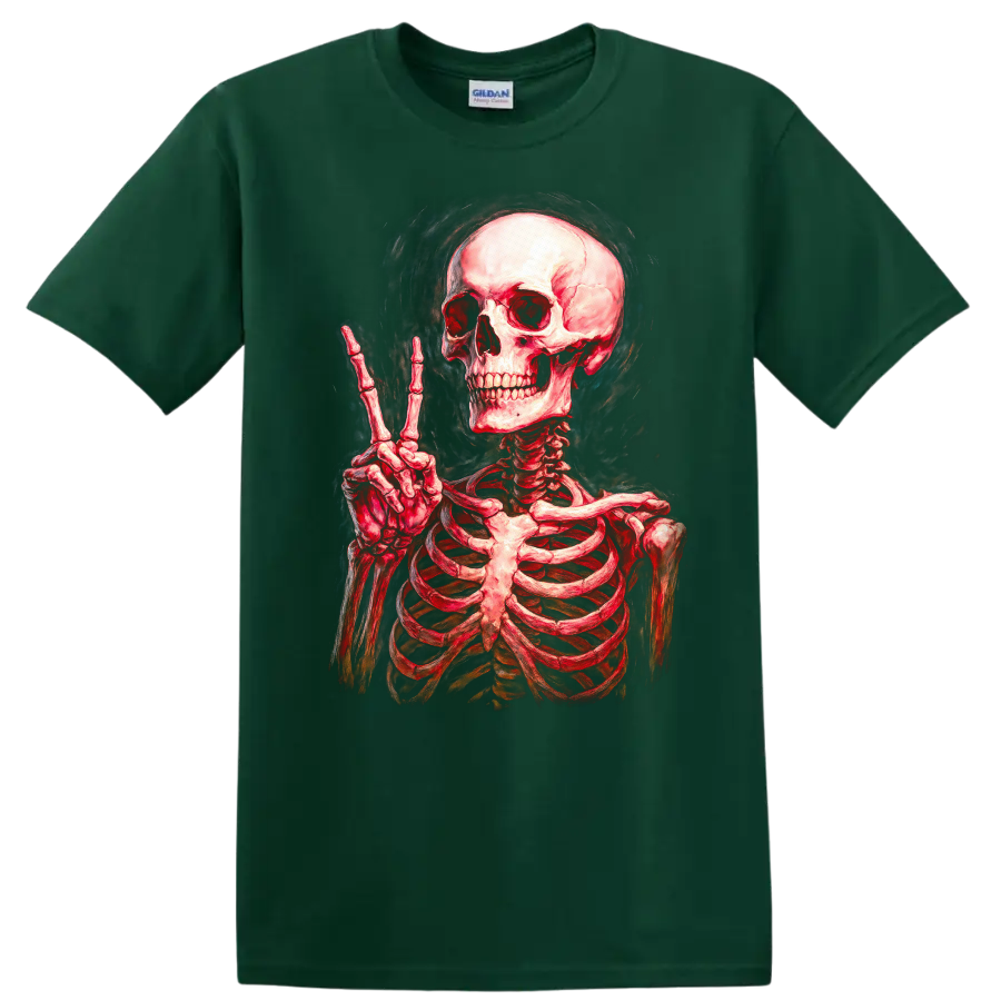 Vintage red skeleton skull making a peace sign in smoky gothic illustration style on a Forest Green T Shirt