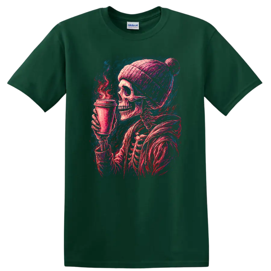 Vintage gothic skeleton in a beanie holding a steaming coffee cup on a Forest Green T Shirt