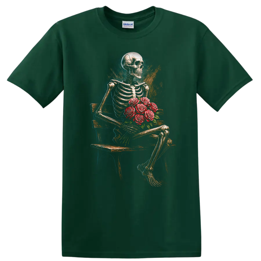 Vintage gothic skeleton holding red roses on a bench in distressed floral art on a Forest Green T Shirt
