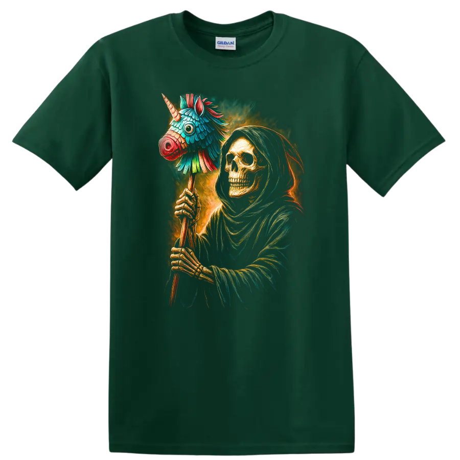 Hooded skeleton holding a colorful unicorn piñata in a vivid gothic illustration on a Forest Green T Shirt