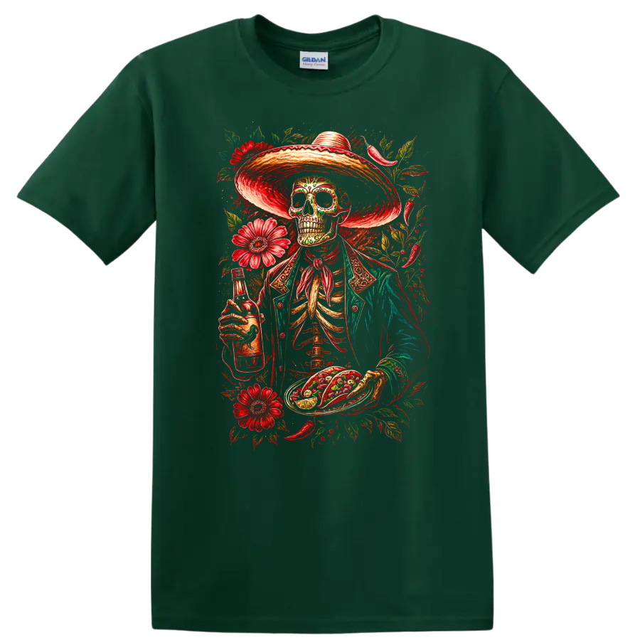 Vintage gothic skeleton in sombrero with tacos, bottle, and red flowers on a Forest Green T Shirt