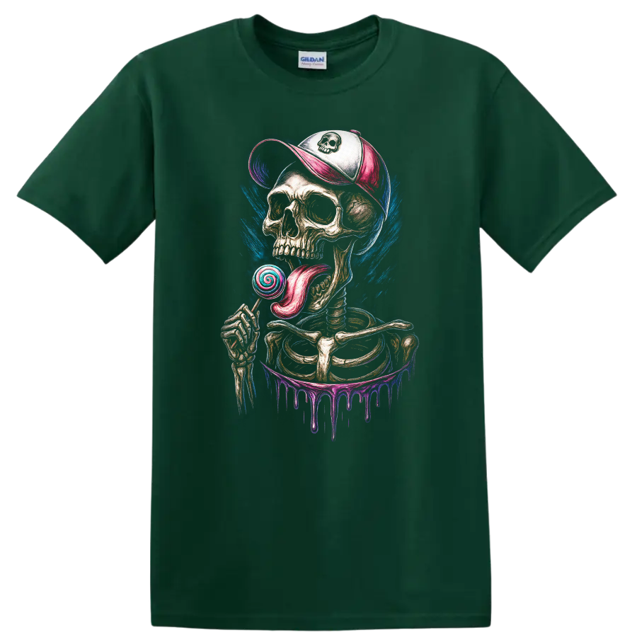 Gothic skeleton skull in cap licking a spiral lollipop with colorful paint drips on a Forest Green T Shirt