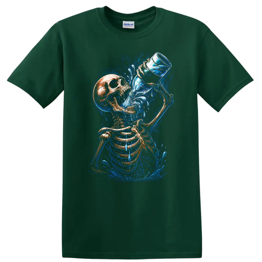 Vintage gothic skeleton drinking water with vivid blue splashes and skull art on a Forest Green T Shirt