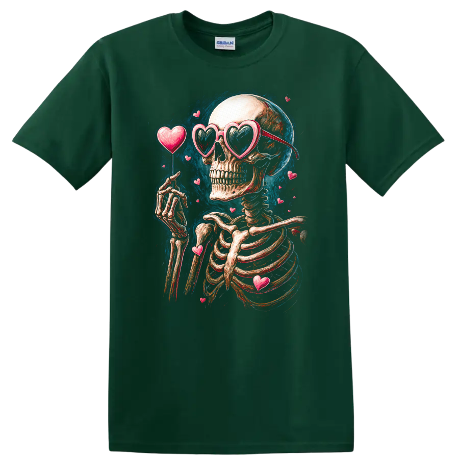 Vintage gothic skeleton in heart sunglasses surrounded by floating hearts on a Forest Green T Shirt
