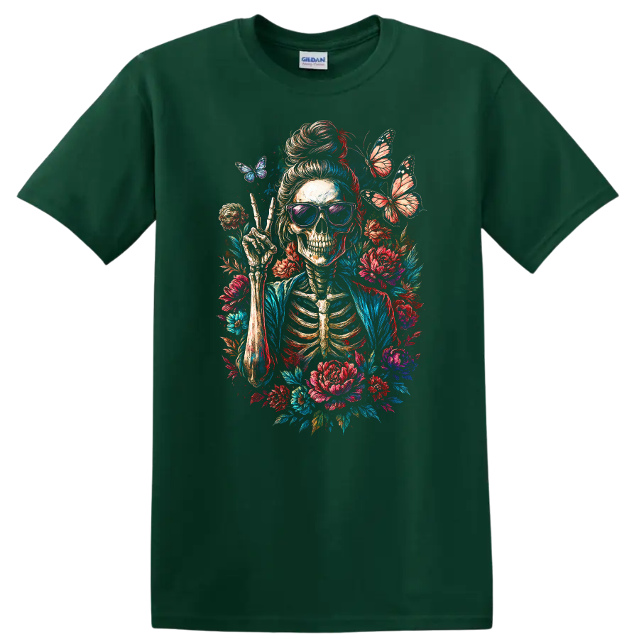 Vintage skeleton in sunglasses making a peace sign with flowers and butterflies on a Forest Green T Shirt