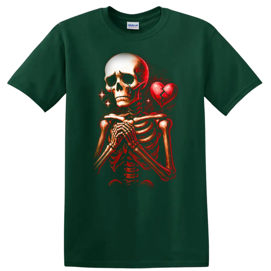 Crying skeleton with clasped hands and cracked heart in vintage gothic art on a Forest Green T Shirt