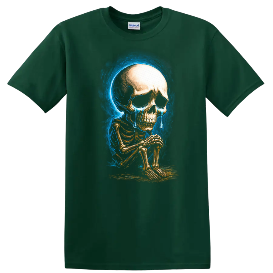 Crying seated skeleton with blue tears and smoky gothic skull artwork on a Forest Green T Shirt
