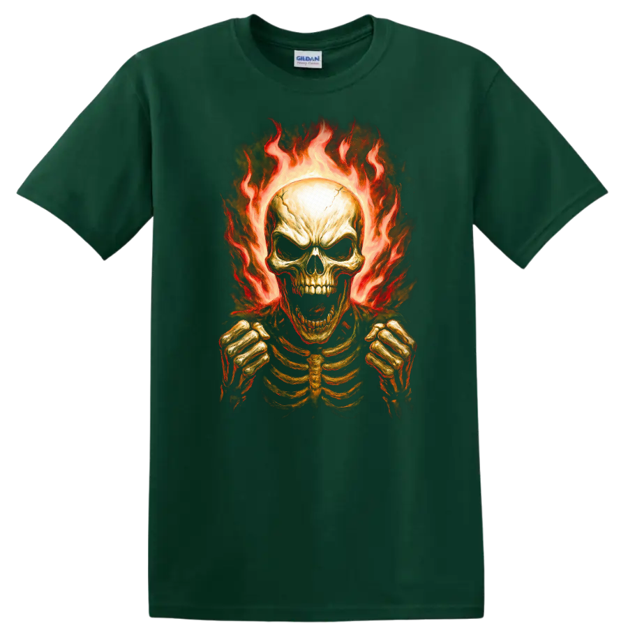 Vintage gothic flaming skeleton skull with rib cage and clenched hands on a Forest Green T Shirt
