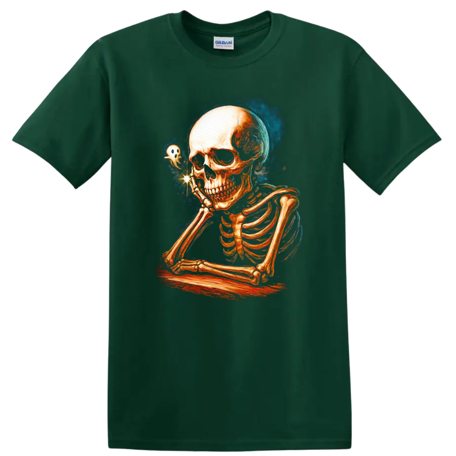 Contemplative skeleton with a tiny ghost in vintage Gothic illustration on a Forest Green T Shirt