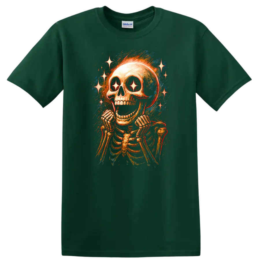 Vintage gothic grinning skeleton skull with sparkling star eyes and radiant stars on a Forest Green T Shirt
