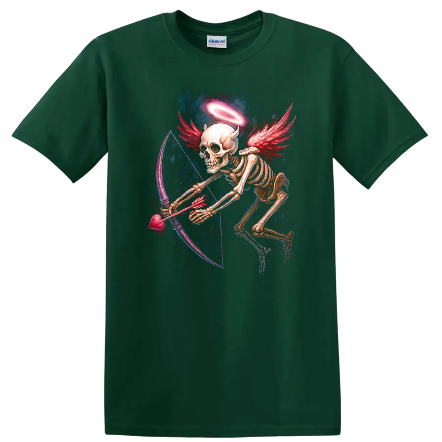 Winged skeleton archer with halo, red wings, and heart-shaped bow in gothic art on a Forest Green T Shirt