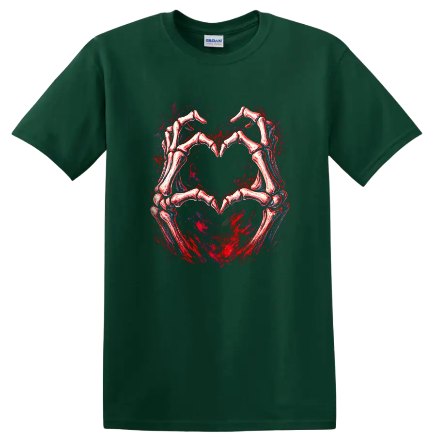Skeletal hands forming a heart in distressed red and black gothic art on a Forest Green T Shirt