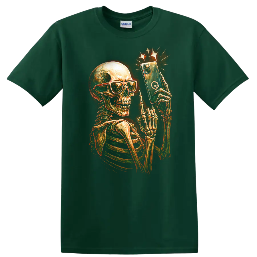 Vintage skeleton in sunglasses holding a smartphone gothic graphic print on a Forest Green T Shirt
