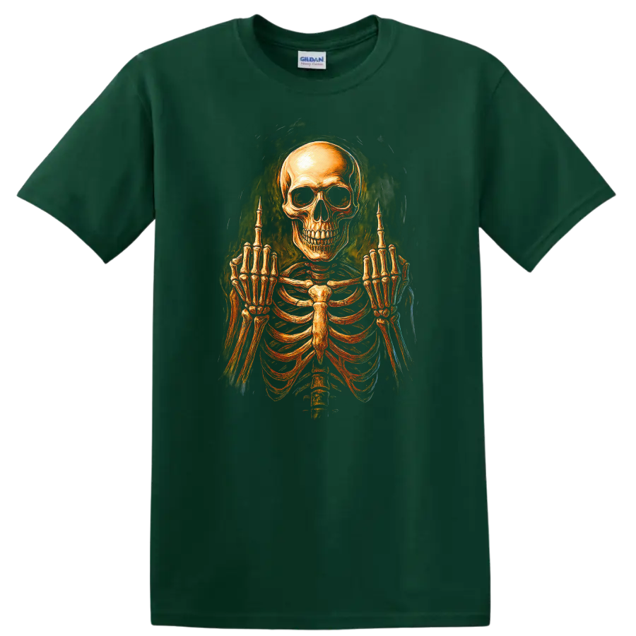Vintage gothic skeleton skull and rib cage graphic with raised middle-finger hands on a Forest Green T Shirt