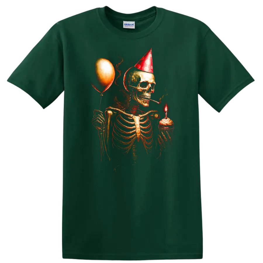 Vintage gothic skeleton in party hat holding a cupcake candle and balloon on a Forest Green T Shirt