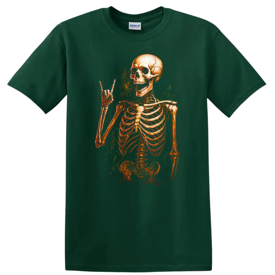 Vintage grinning skeleton raising a horn hand in distressed gothic illustration on a Forest Green T Shirt