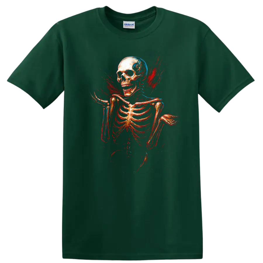 Vintage skull and skeleton graphic with red and blue gothic splatter on a Forest Green T Shirt