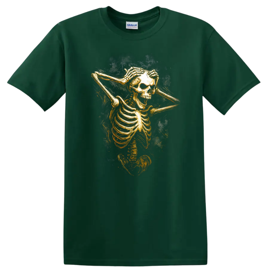 Vintage gothic skeleton skull illustration with hands framing its face on a Forest Green T Shirt