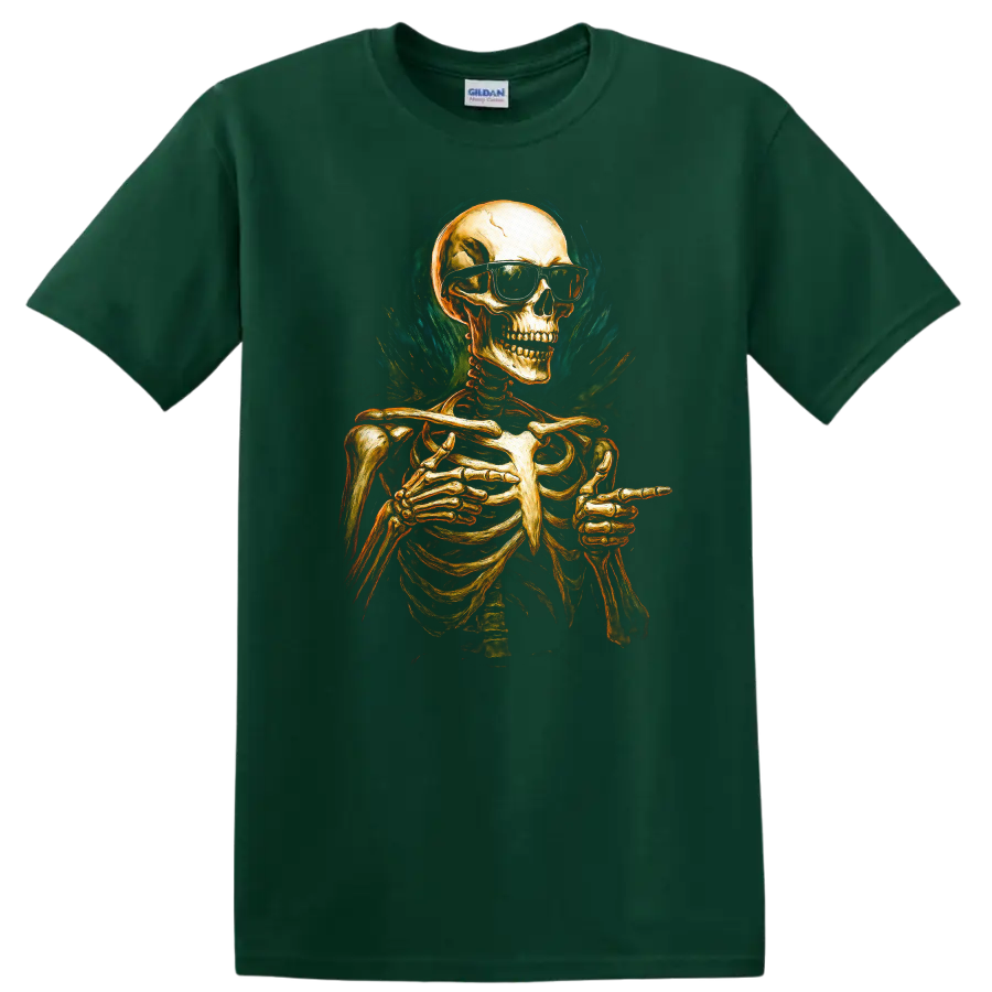 Vintage gothic skeleton in sunglasses pointing, with smoky teal flame-like artwork on a Forest Green T Shirt